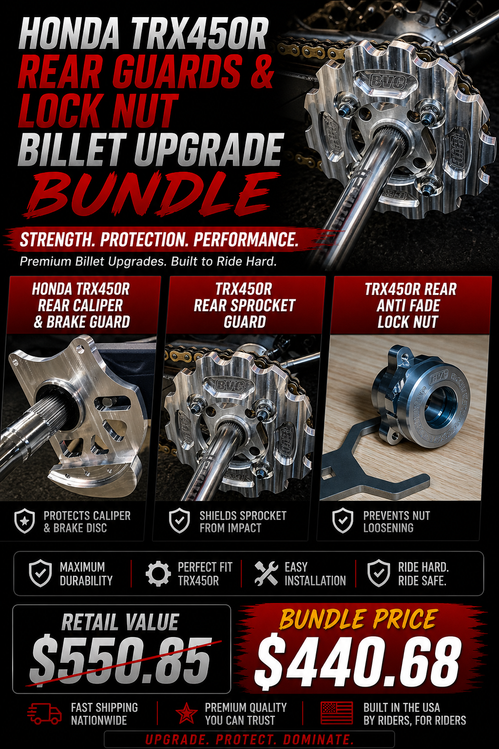 Honda TRX450R Rear Guards & Lock Nut Billet Upgrade Bundle